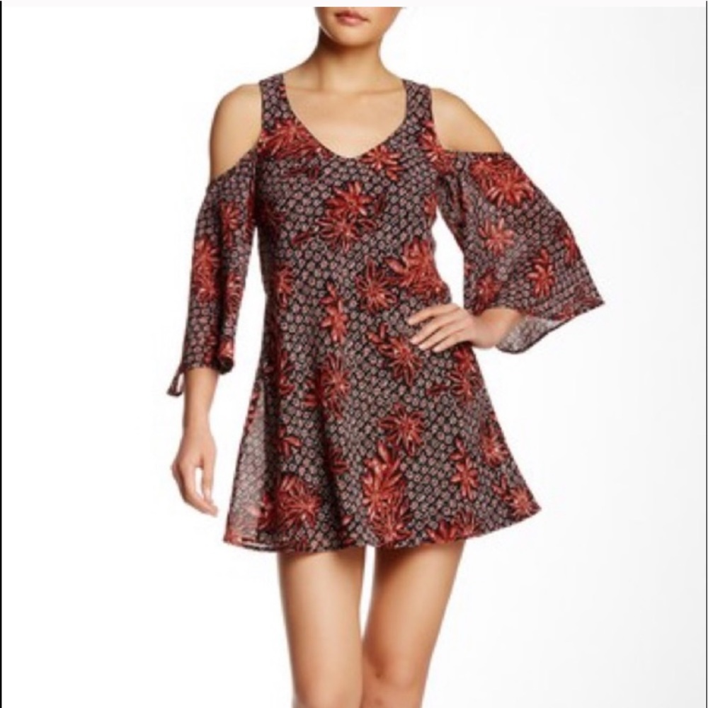 Want & Need- Printed Cold Shoulder Shift Dress